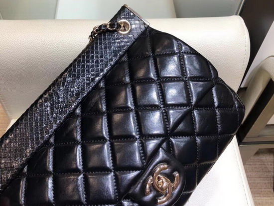 Chanel Flap Bag Lambskin Python Gold Tone Metal Black A57947