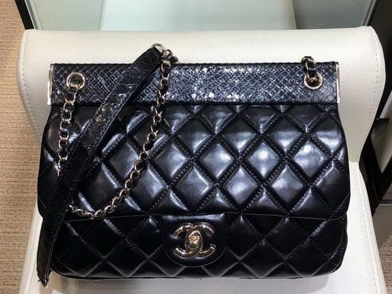 Chanel Flap Bag Lambskin Python Gold Tone Metal Black A57947