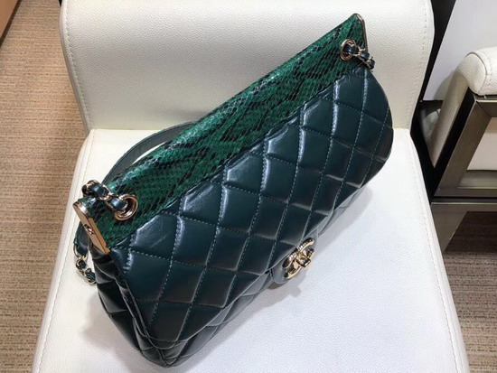 Chanel Flap Bag Lambskin Python Gold Tone Metal Green A57947