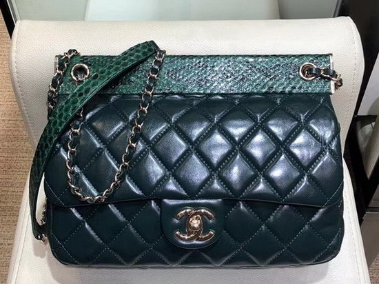 Chanel Flap Bag Lambskin Python Gold Tone Metal Green A57947