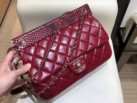 Chanel Flap Bag Lambskin Python Gold Tone Metal Red A57947