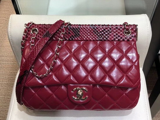 Chanel Flap Bag Lambskin Python Gold Tone Metal Red A57947