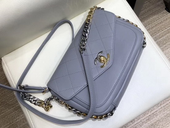 Chanel Flap Bag Light Blue Calfskin Gold Tone Silver Tone and Ruthenium Finish Metal AS0413