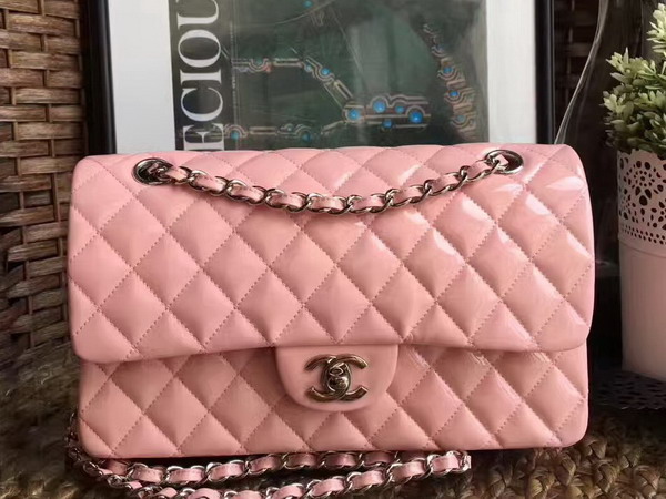 Chanel Flap Bag Light Pink Patent Leather Silver Tone Metal For Sale