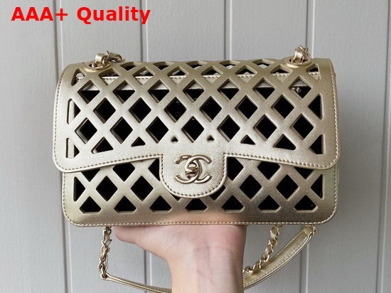 Chanel Flap Bag Metallic Perforated Calfskin Tweed Gold Tone Metal AS2370 Replica