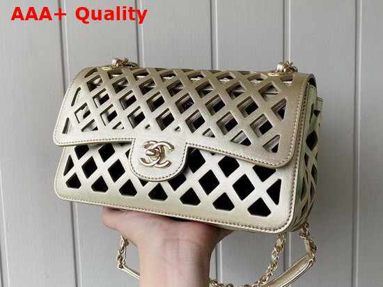 Chanel Flap Bag Metallic Perforated Calfskin Tweed Gold Tone Metal AS2370 Replica