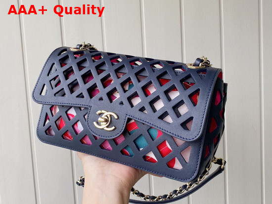 Chanel Flap Bag Navy Blue Perforated Calfskin Printed Fabric Gold Tone Metal AS2370 Replica