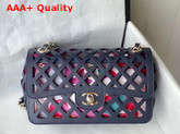 Chanel Flap Bag Navy Blue Perforated Calfskin Printed Fabric Gold Tone Metal AS2370 Replica