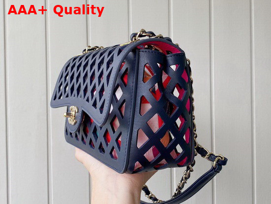 Chanel Flap Bag Navy Blue Perforated Calfskin Printed Fabric Gold Tone Metal AS2370 Replica