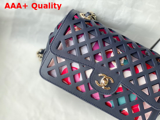 Chanel Flap Bag Navy Blue Perforated Calfskin Printed Fabric Gold Tone Metal AS2370 Replica