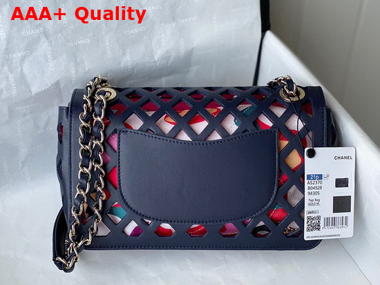 Chanel Flap Bag Navy Blue Perforated Calfskin Printed Fabric Gold Tone Metal AS2370 Replica