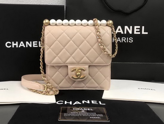 Chanel Flap Bag Pink Lambskin Imitation Pearls and Gold Tone Metal AS0584