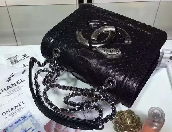 Chanel Flap Bag Python Calfskin Ruthenium Metal Black for Sale