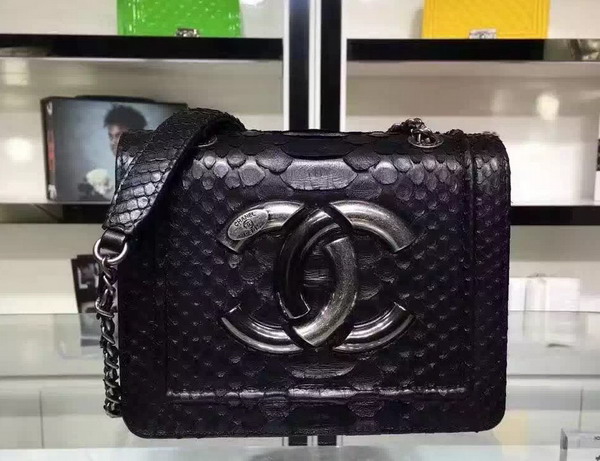 Chanel Flap Bag Python Calfskin Ruthenium Metal Black for Sale