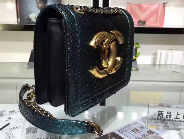 Chanel Flap Bag Python and Calfskin Brass Metal Dark Green for Sale