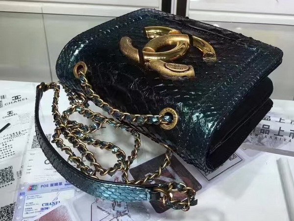 Chanel Flap Bag Python and Calfskin Brass Metal Dark Green for Sale