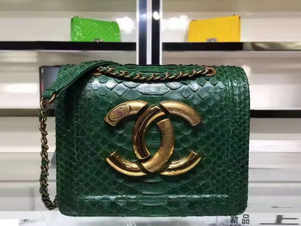 Chanel Flap Bag Python and Calfskin Gold Metal Green for Sale