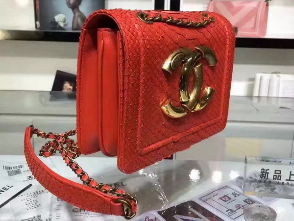 Chanel Flap Bag Python and Calfskin Gold Metal Red for Sale