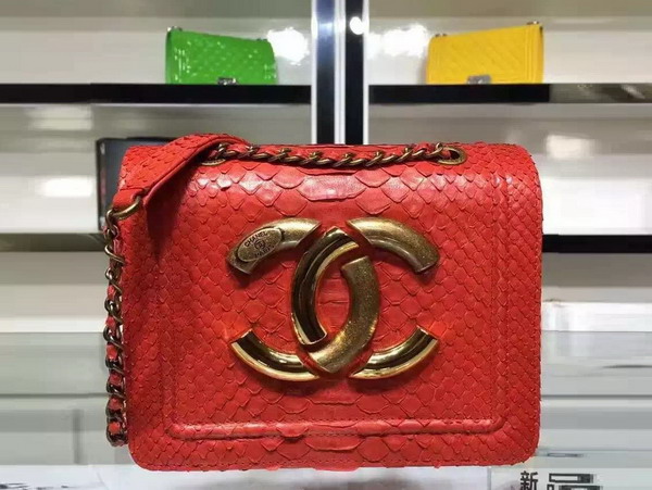 Chanel Flap Bag Python and Calfskin Gold Metal Red for Sale