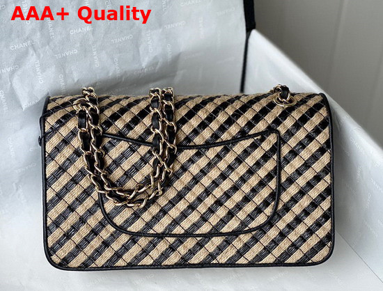 Chanel Flap Bag Raffia Jute Thread and Gold Tone Metal Black and Beige Ref AS2419 Replica