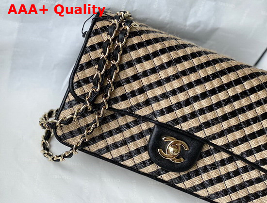 Chanel Flap Bag Raffia Jute Thread and Gold Tone Metal Black and Beige Ref AS2419 Replica