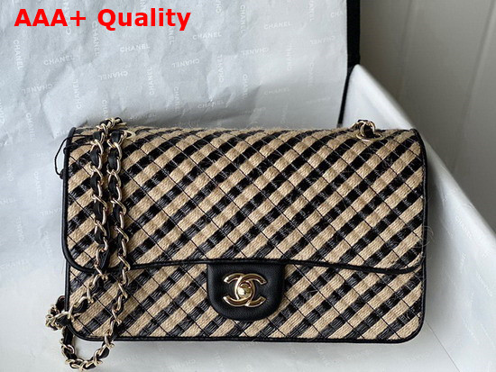 Chanel Flap Bag Raffia Jute Thread and Gold Tone Metal Black and Beige Ref AS2419 Replica