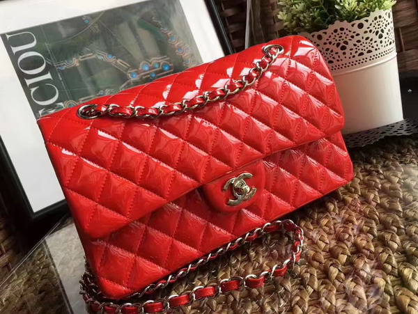 Chanel Flap Bag Red Patent Leather Silver Metal For Sale