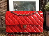 Chanel Flap Bag Red Patent Leather Silver Metal For Sale