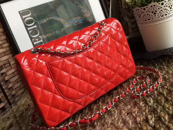 Chanel Flap Bag Red Patent Leather Silver Metal For Sale