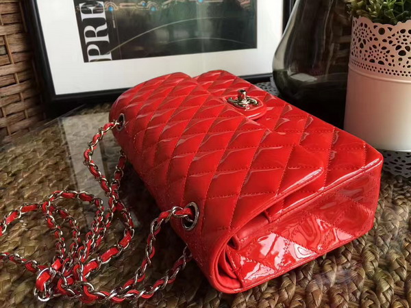 Chanel Flap Bag Red Patent Leather Silver Metal For Sale