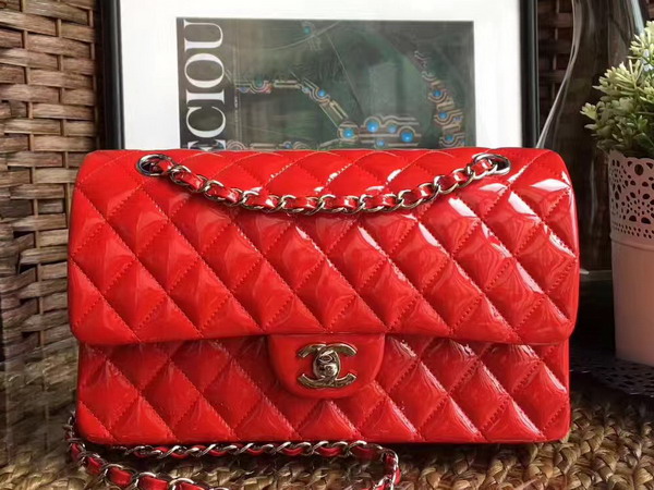 Chanel Flap Bag Red Patent Leather Silver Metal For Sale