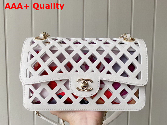 Chanel Flap Bag Red Perforated Calfskin Printed Fabric Gold Tone Metal AS2370 Replica