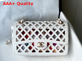 Chanel Flap Bag Red Perforated Calfskin Printed Fabric Gold Tone Metal AS2370 Replica