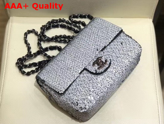 Chanel Flap Bag Sequins Lambskin and Ruthenium Finish Metal White and Black AS1448 Replica