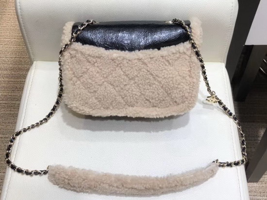 Chanel Flap Bag Shiny Crumpled Sheepskin Shearling Sheepskin and Gold Tone Metal Black and Beige AS0321