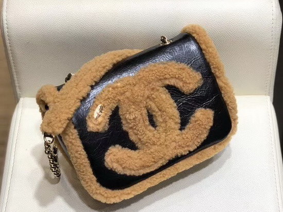 Chanel Flap Bag Shiny Crumpled Sheepskin Shearling Sheepskin and Gold Tone Metal Black and Brown AS0321