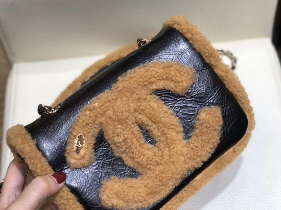 Chanel Flap Bag Shiny Crumpled Sheepskin Shearling Sheepskin and Gold Tone Metal Black and Brown AS0321