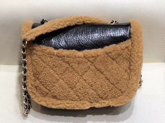 Chanel Flap Bag Shiny Crumpled Sheepskin Shearling Sheepskin and Gold Tone Metal Black and Brown AS0321