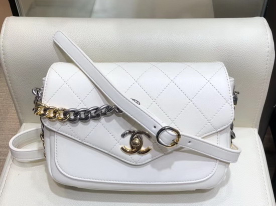 Chanel Flap Bag White Calfskin Gold Tone Silver Tone and Ruthenium Finish Metal AS0413