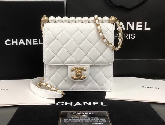 Chanel Flap Bag White Lambskin Imitation Pearls and Gold Tone Metal AS0584