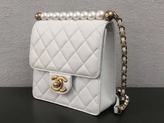 Chanel Flap Bag White Lambskin Imitation Pearls and Gold Tone Metal AS0584