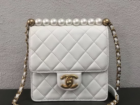 Chanel Flap Bag White Lambskin Imitation Pearls and Gold Tone Metal AS0584