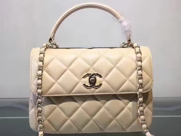 Chanel Flap Bag With Handle Beige Lambskin Light Gold Metal for Sale