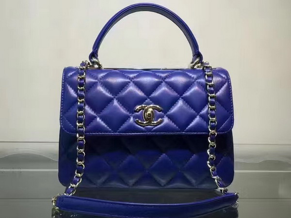 Chanel Flap Bag With Handle Blue Lambskin Silver Metal for Sale