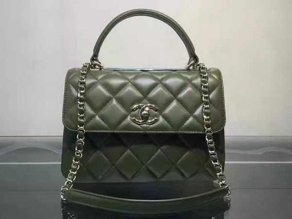 Chanel Flap Bag With Handle Dark Green Lambskin Silver Metal for Sale