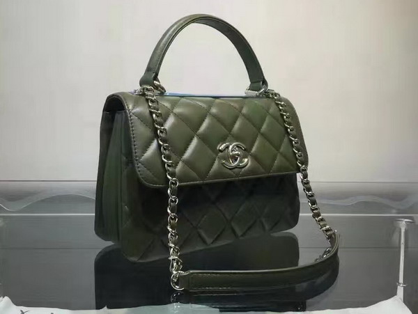 Chanel Flap Bag With Handle Dark Green Lambskin Silver Metal for Sale