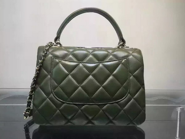 Chanel Flap Bag With Handle Dark Green Lambskin Silver Metal for Sale