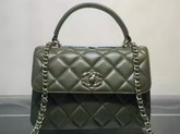 Chanel Flap Bag With Handle Dark Green Lambskin Silver Metal for Sale