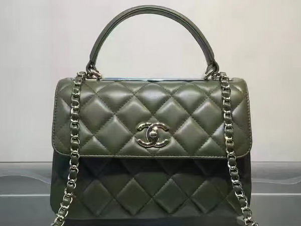 Chanel Flap Bag With Handle Dark Green Lambskin Silver Metal for Sale