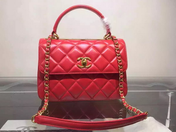 Chanel Flap Bag With Handle Lambskin Light Gold Metal Red for Sale